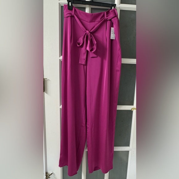 New fuchsia pants with belt. Long flowy satiny pants with tags. Size: Large Long - Picture 1 of 3